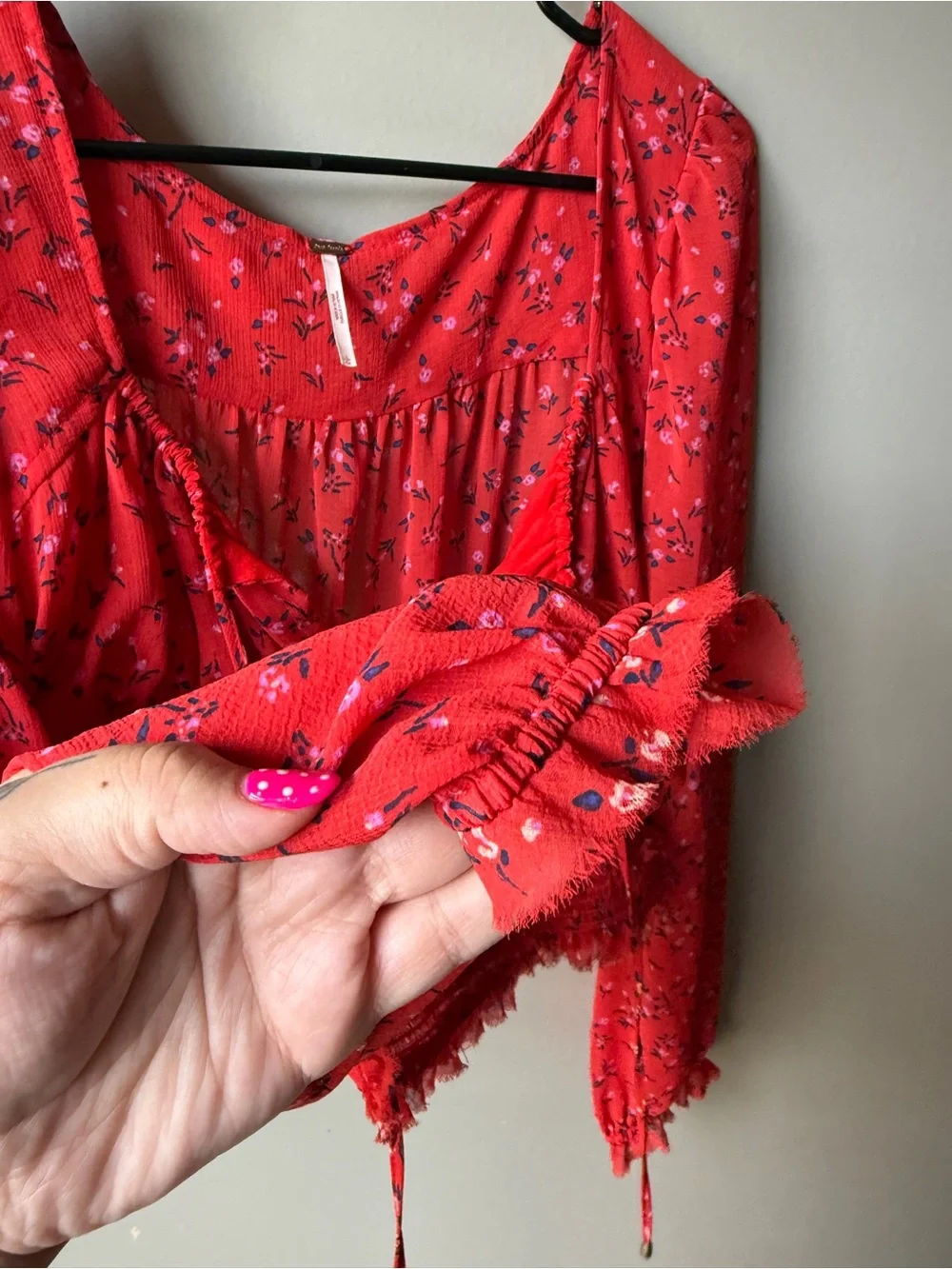 Red Floral Free People Smocked Lolita Long Sleeve Boho Cottagecore Top